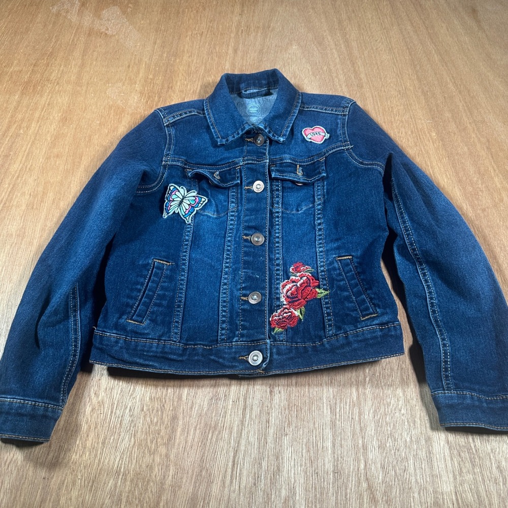 Wonder Nation Denim Jacket Kids Size M 7-8 Blue Embroidered Butterfly Rose Heart